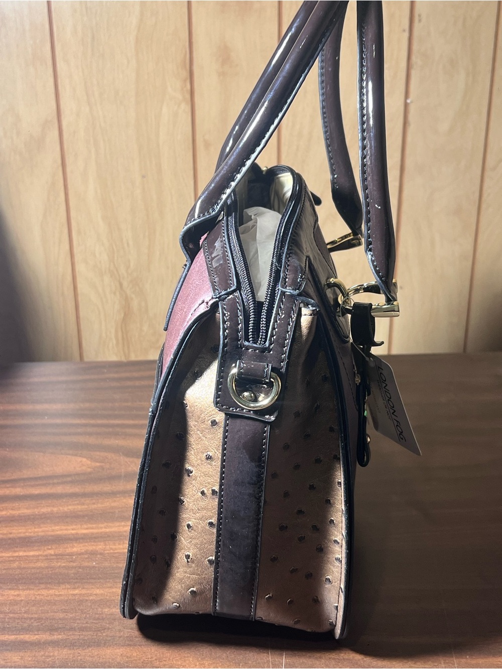 London Fog Burgundy and Dark Brown Satchel with Gold Hardware - Picture 3 of 3